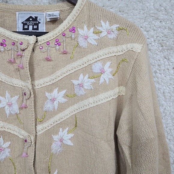 Storybook Knits Sweater Medium Tan Cardigan Floral Cottage Granny Orchid Evening - Picture 3 of 13